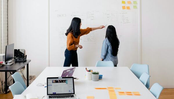 Kolleginnen erarbeiten ein Konzept am Whiteboard